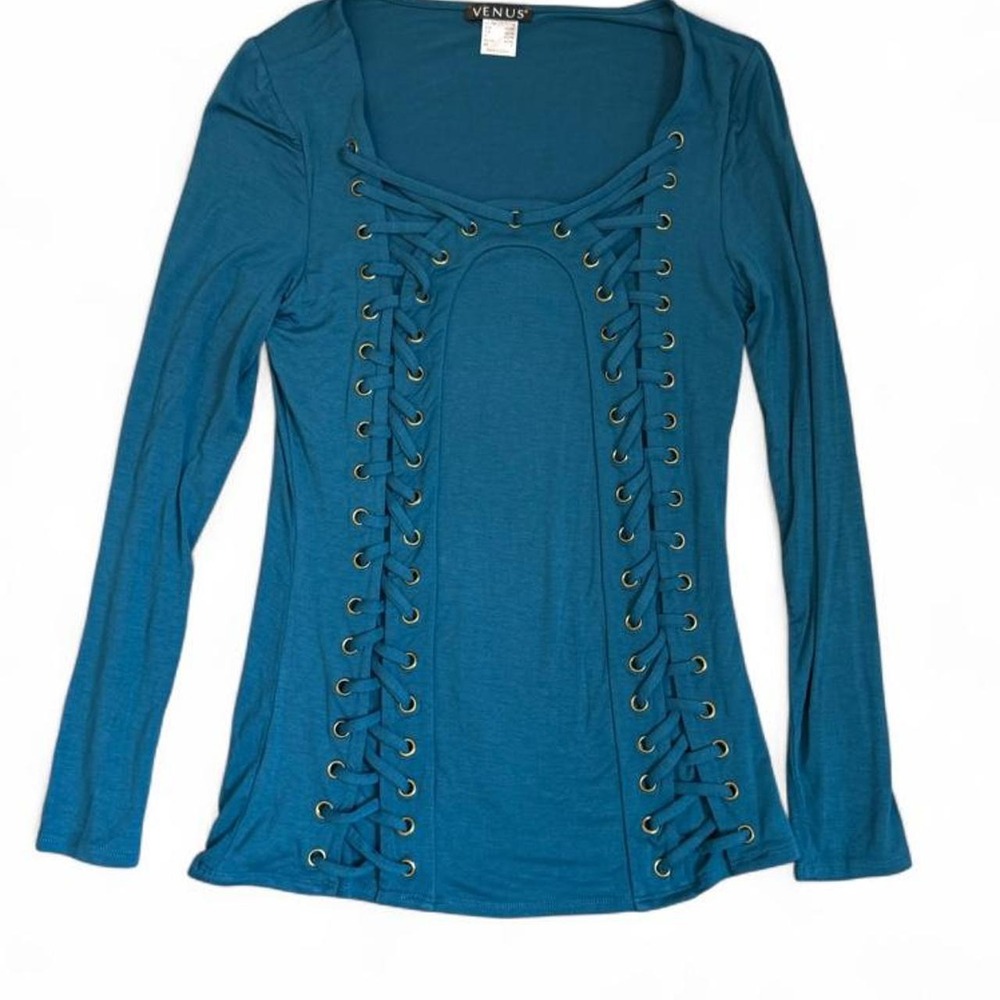 Venus Teal Blue Lace Up Grommet Long Sleeve Top Shirt Womens Small S